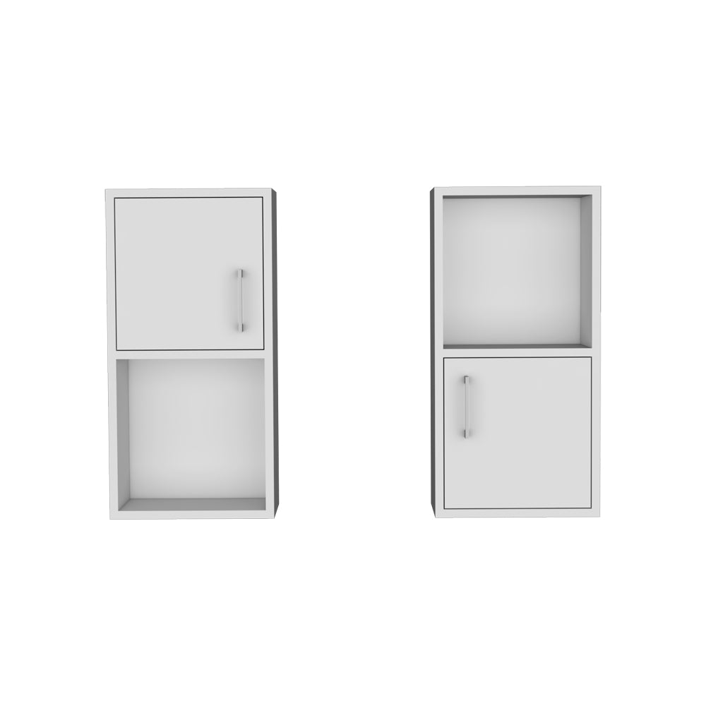 Modern white modular storage unit with two doors and open shelf