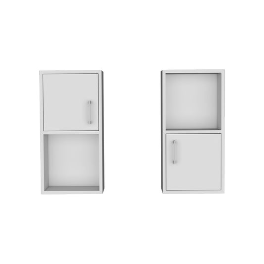 Modern white modular storage unit with two doors and open shelf
