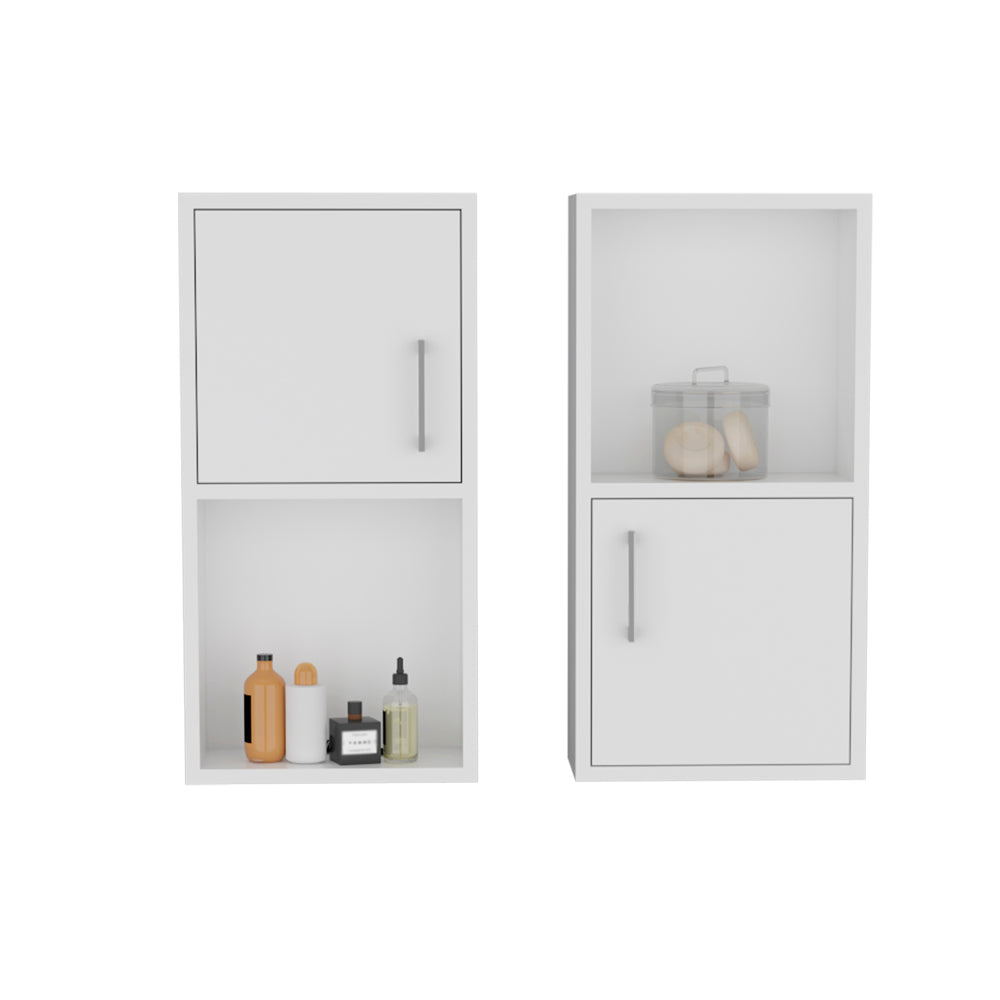 White modular shelving unit with a door and open shelf holding bottles