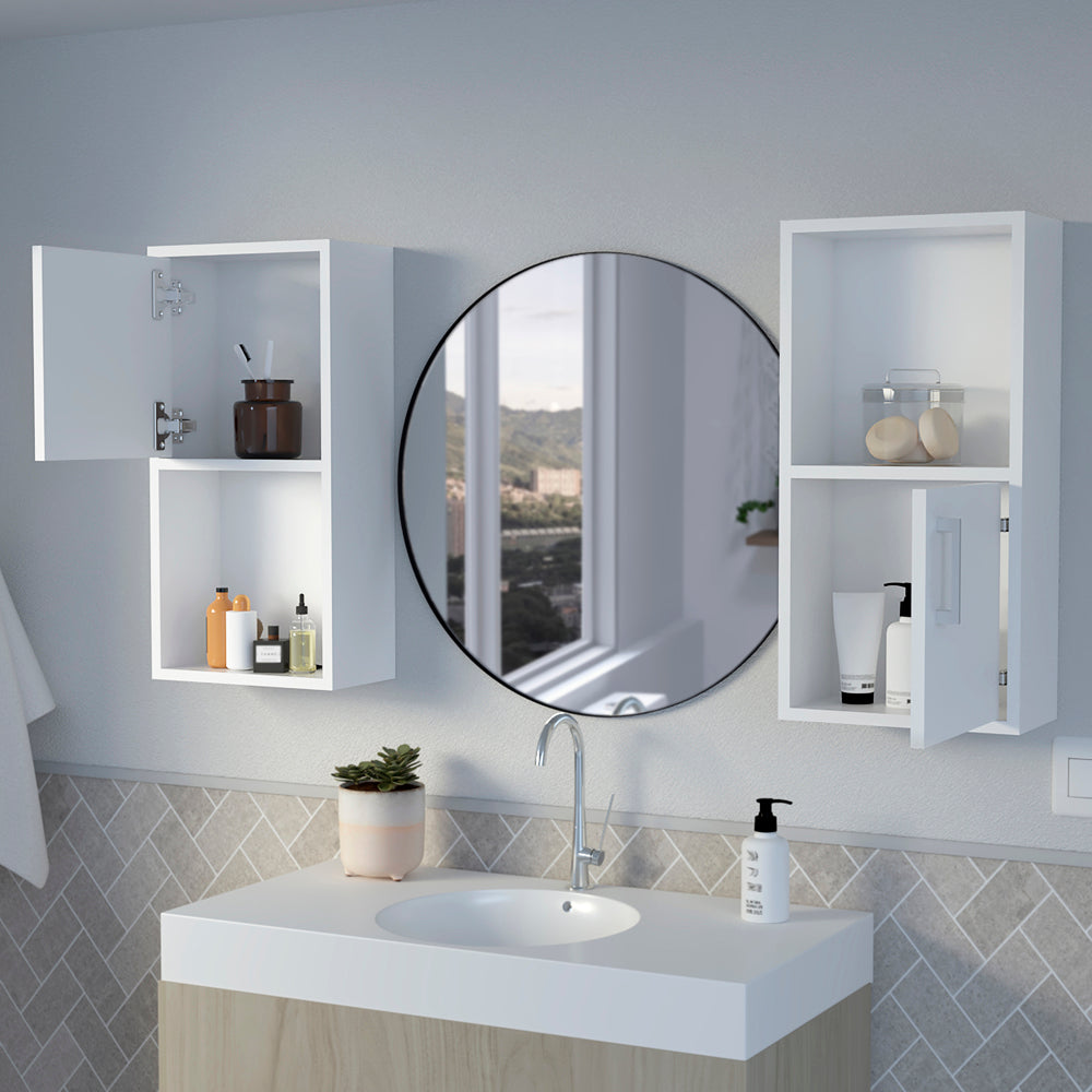 White dualshelf bathroom wall cabinet with open door on left toiletries inside