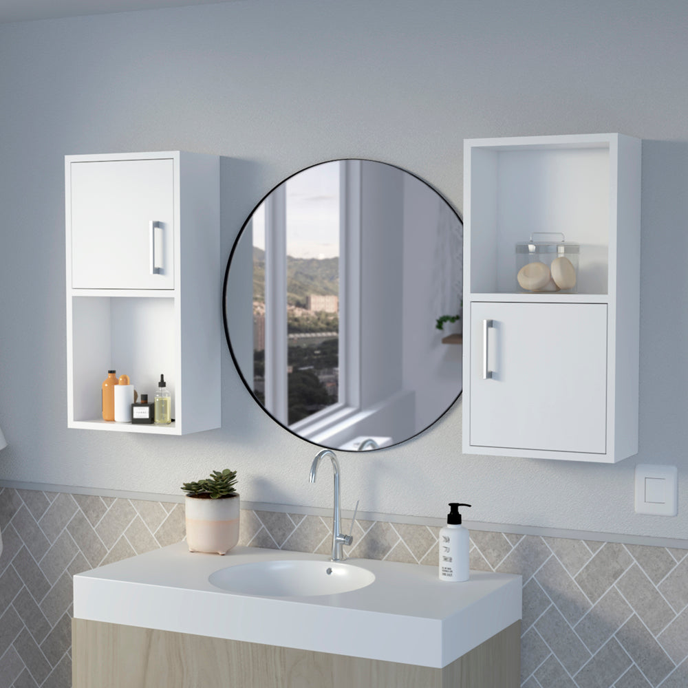 White bathroom medicine cabinet with two shelves and a door holding toiletries