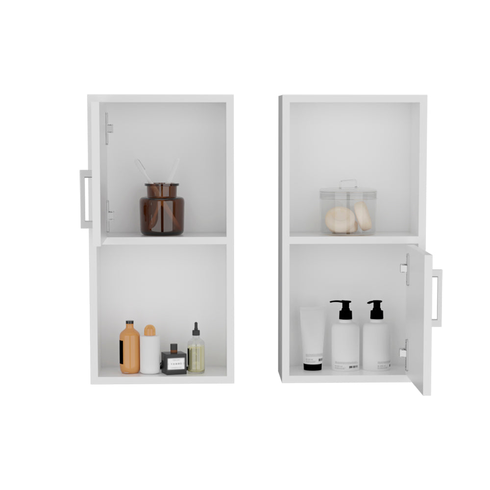 White bathroom cabinet with amber diffuser bottle and toiletries