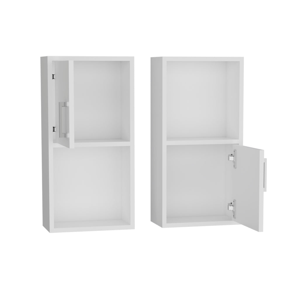 Two white modular cabinets with open doors ideal for modern storage