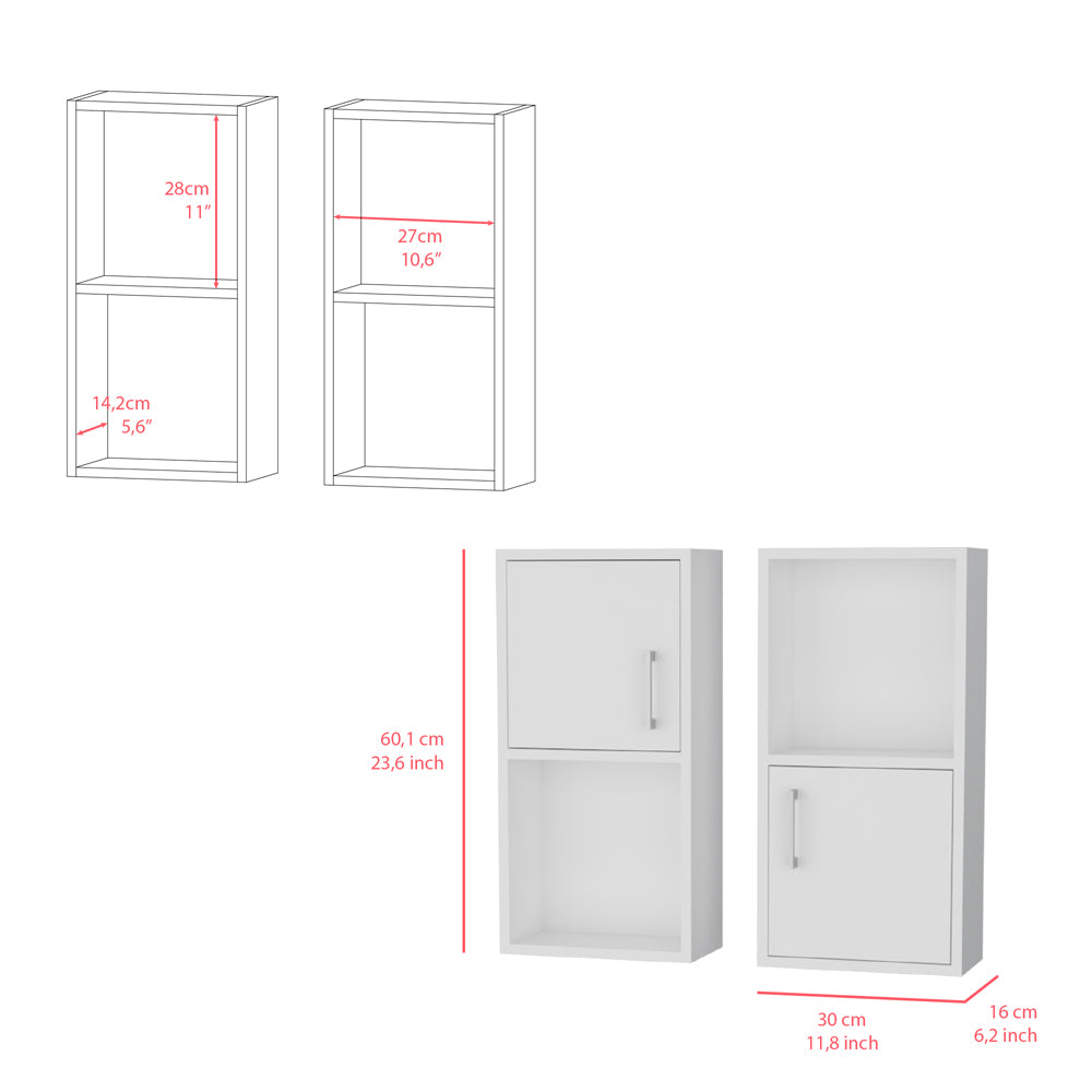 Two white wall cabinets with doors and shelves one with a full door