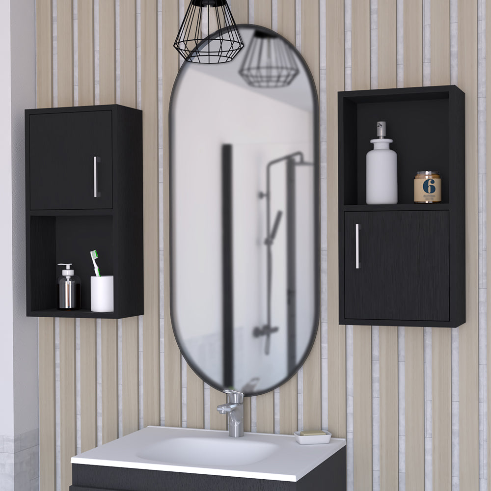Black modern bathroom vanity set with dual storage cabinets and oval mirror