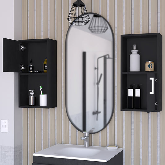 Black modern bathroom medicine cabinet with open door showing toiletries