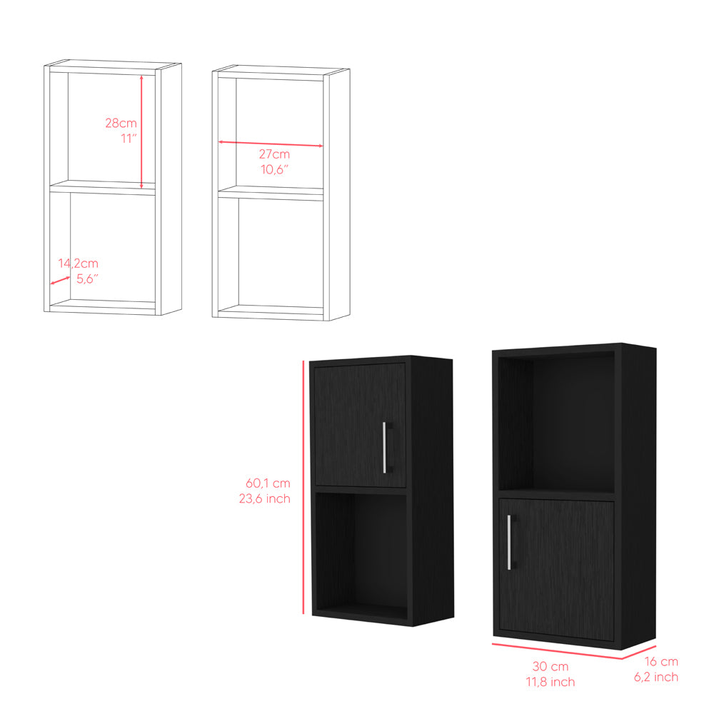 Black wooden shelving unit with one door and open shelf