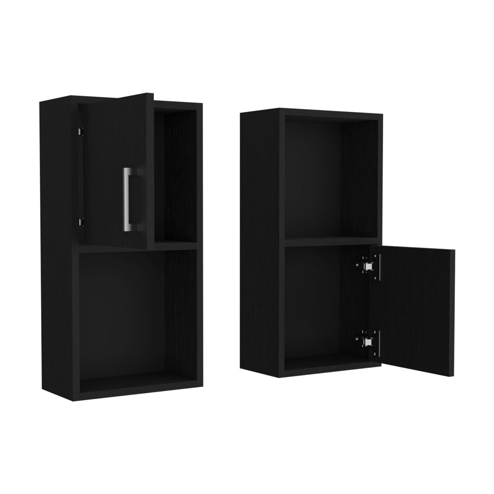 Two black modern wall cabinets with silver handles and open doors showing shelves