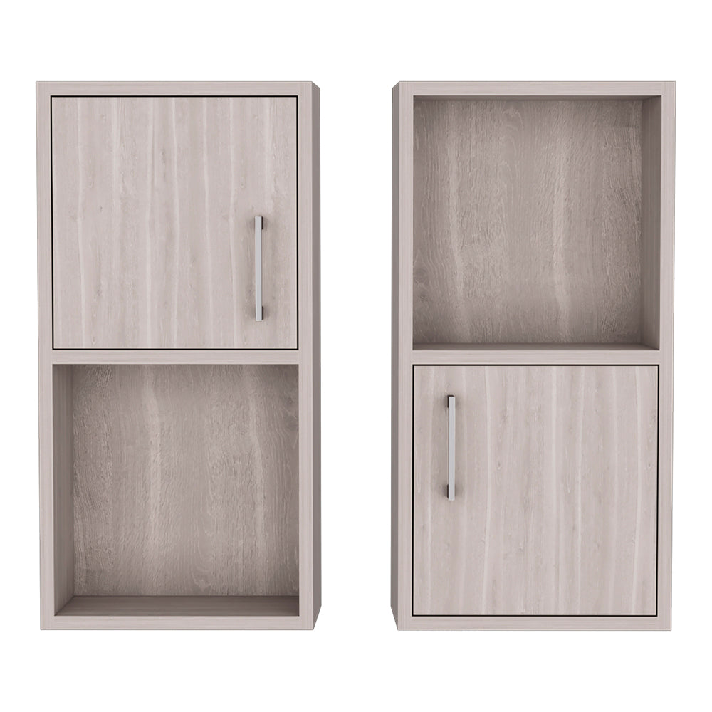 Two light wood grain modular storage cubes one with a door and open shelf one open shelf above a door