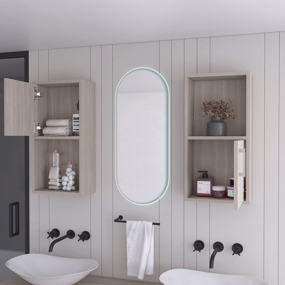 Light oak modern bathroom vanity cabinet with open door and toiletries