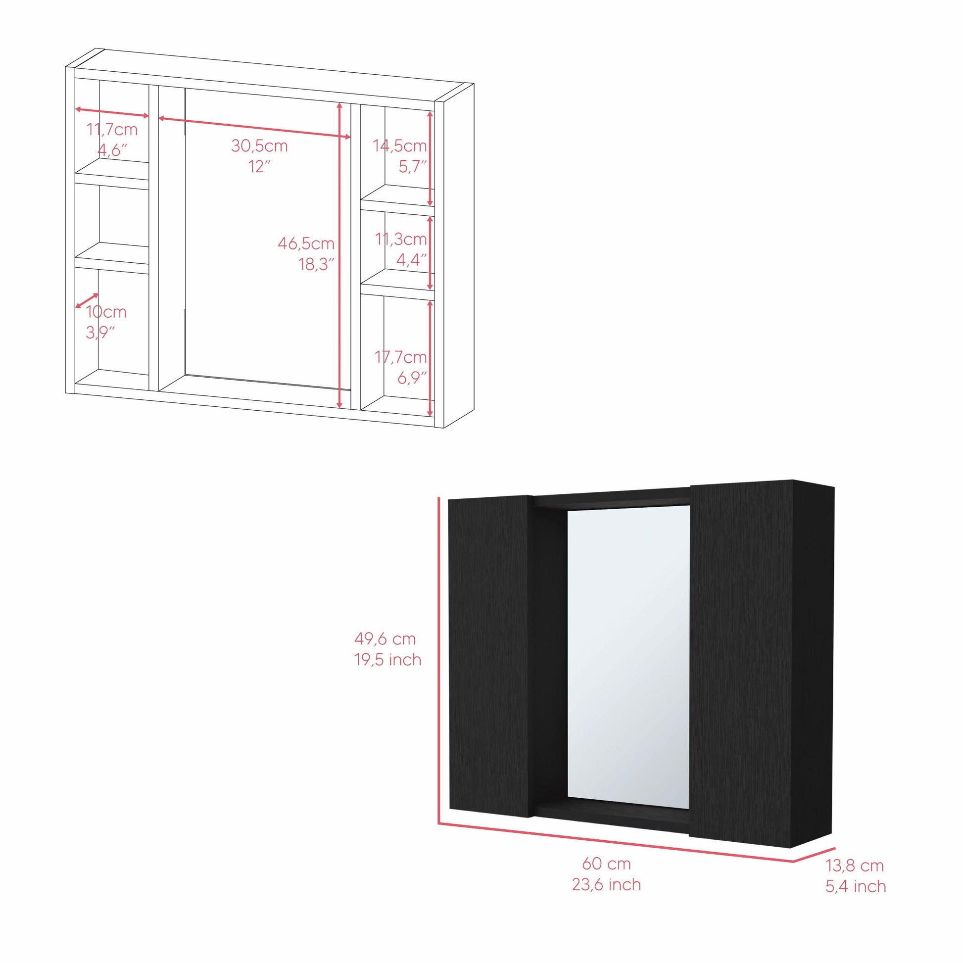 Black wallmounted cabinet with multiple shelves and a mirrored front panel Dimensions shown