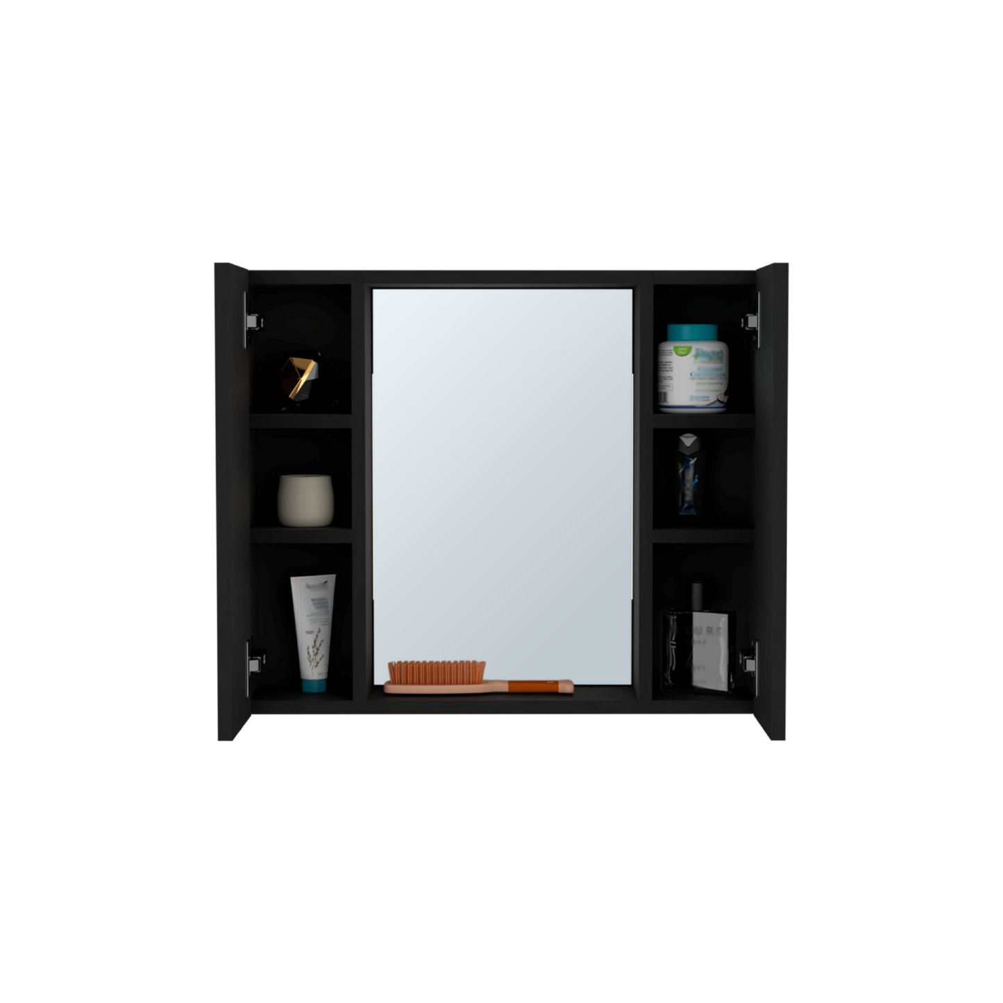 Black medicine cabinet with mirror and storage shelves holding toiletries and decor