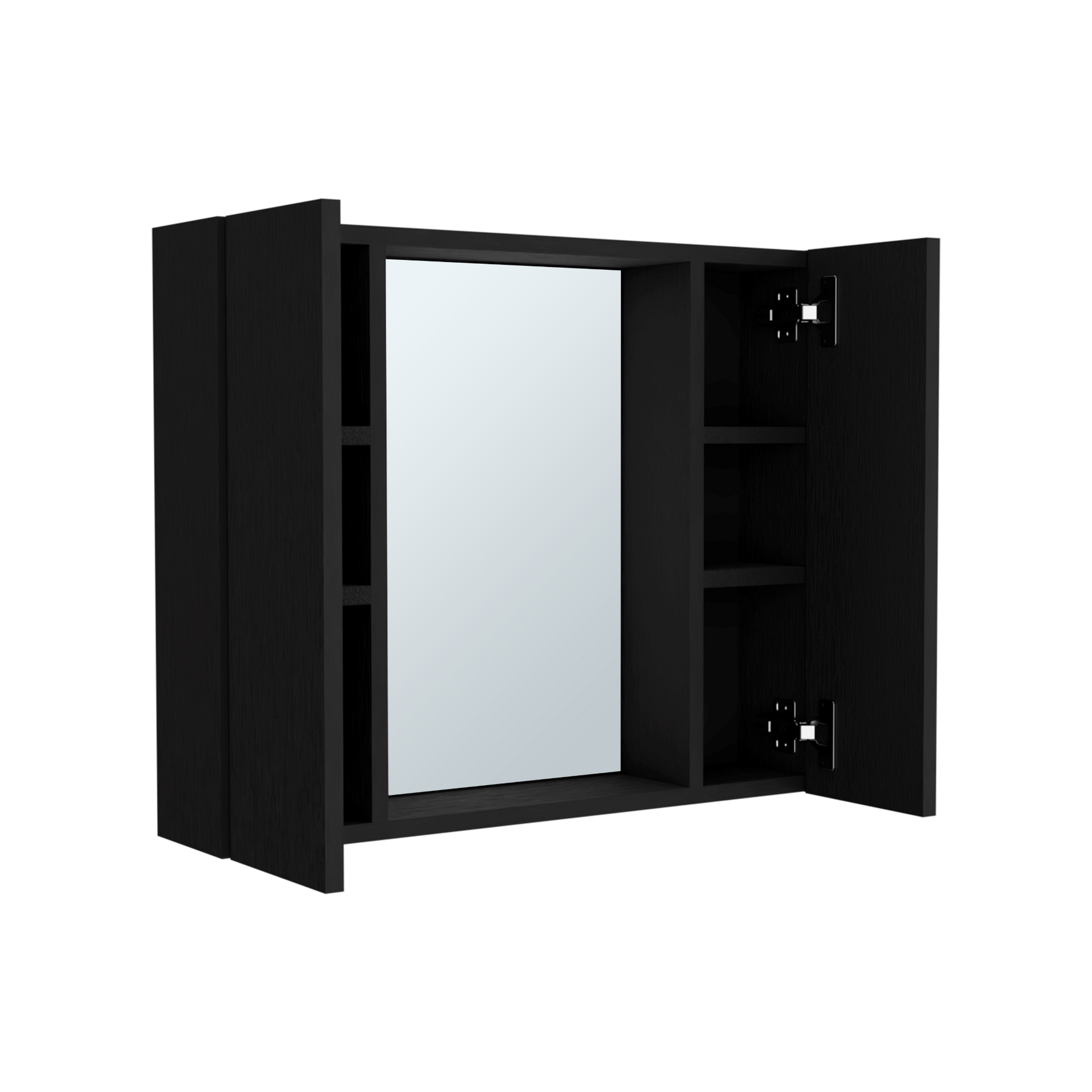 Black wooden bathroom cabinet with mirrored door and open shelves