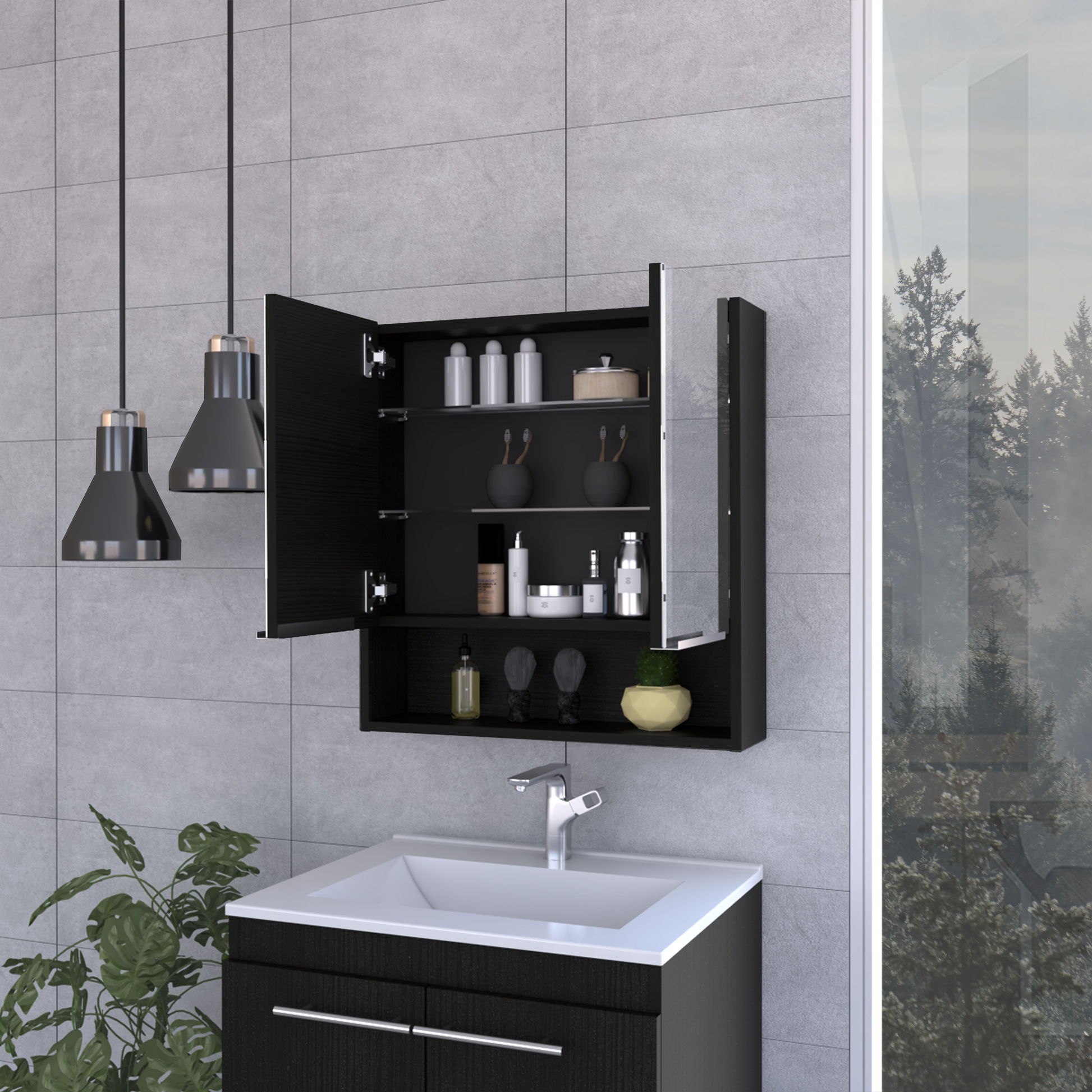 Open black wood medicine cabinet filled with toiletries toothbrushes and decorative items