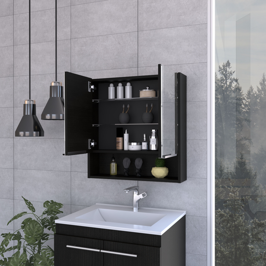 Open black wood medicine cabinet filled with toiletries toothbrushes and decorative items