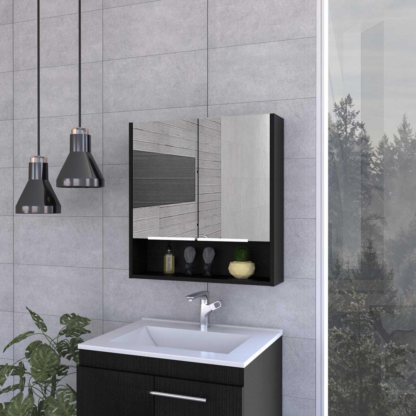 Modern black vanity with white undermount sink and chrome faucet