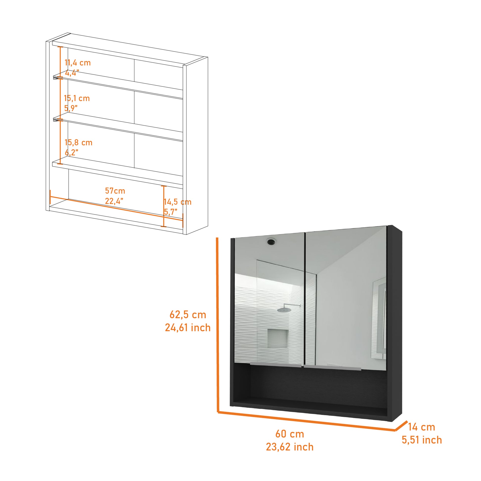 Diagram showing dimensions for a modern black mirrored medicine cabinet