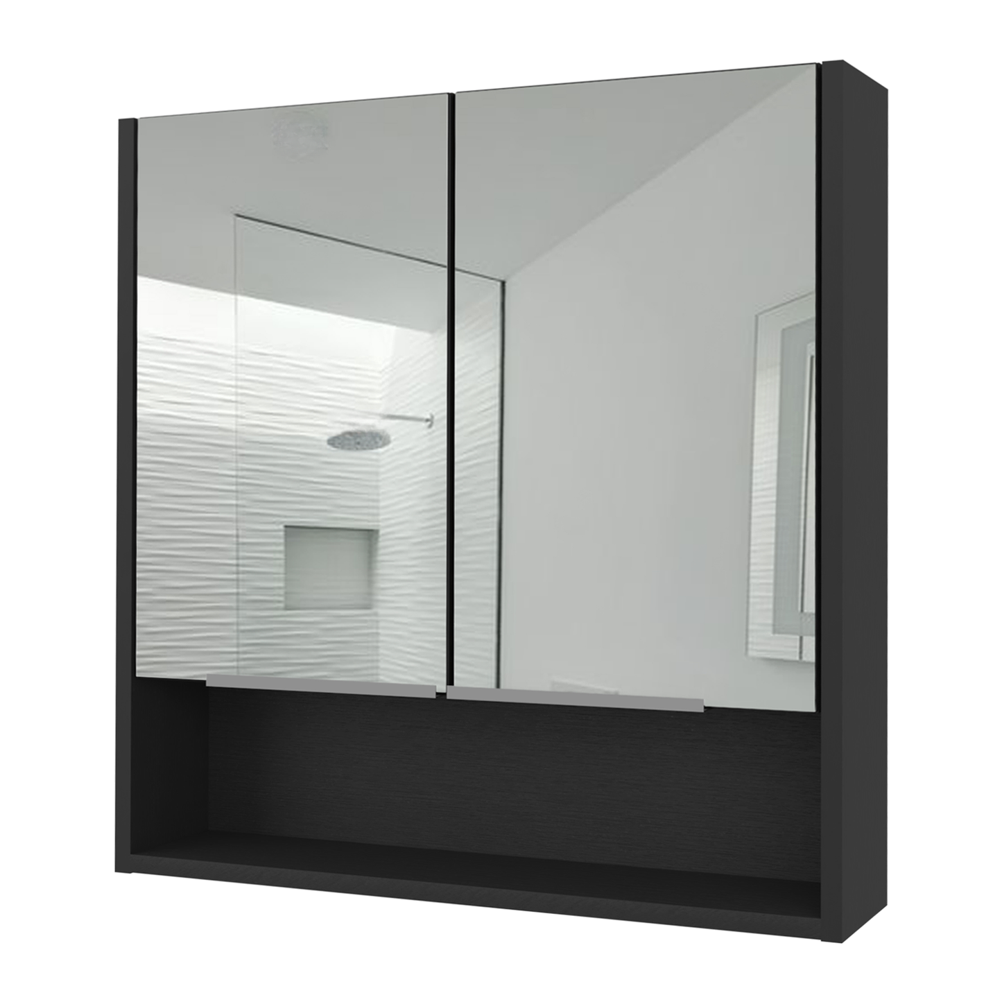 Modern dark gray bathroom medicine cabinet with mirrored doors and open shelf