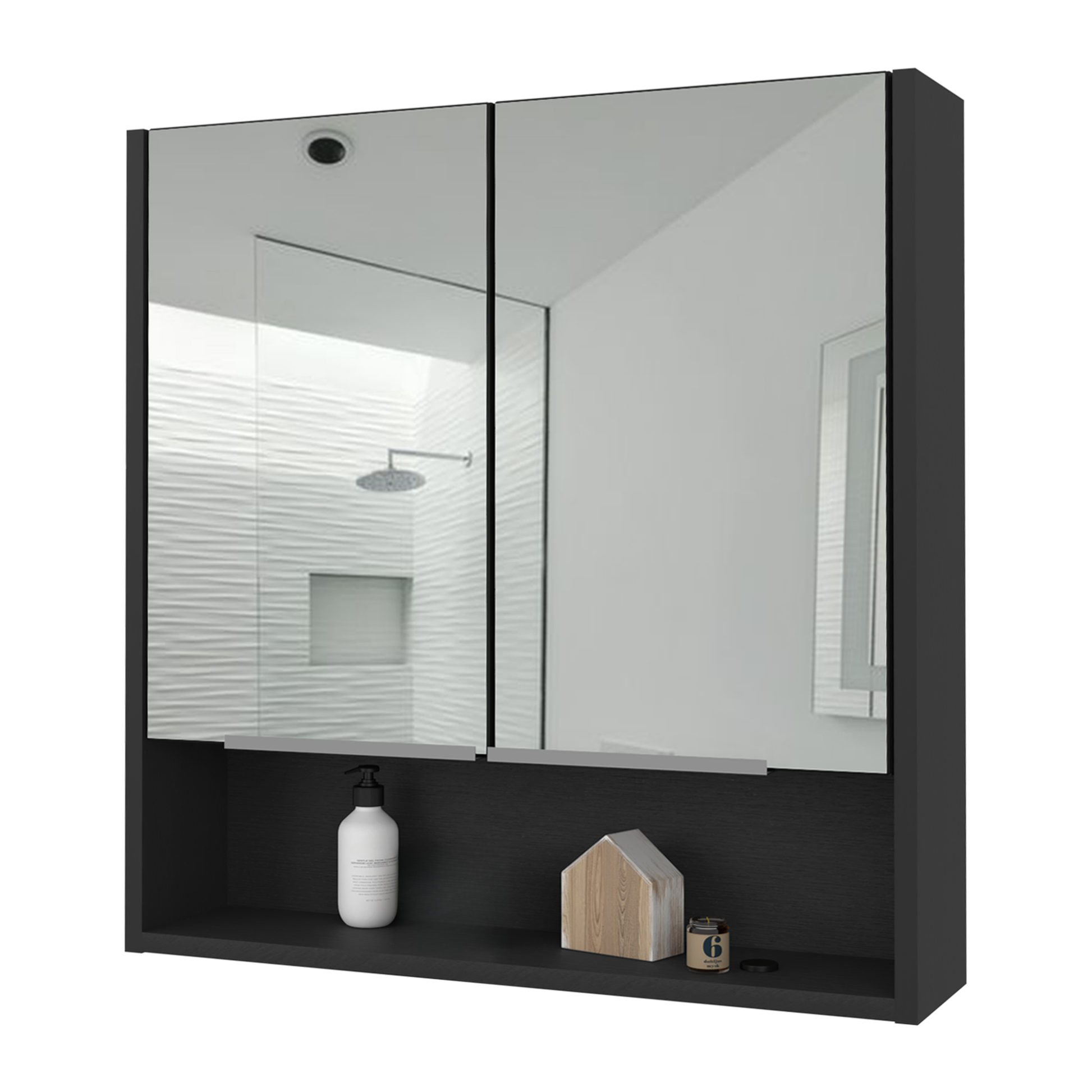 Modern black medicine cabinet with mirrored doors and open shelf