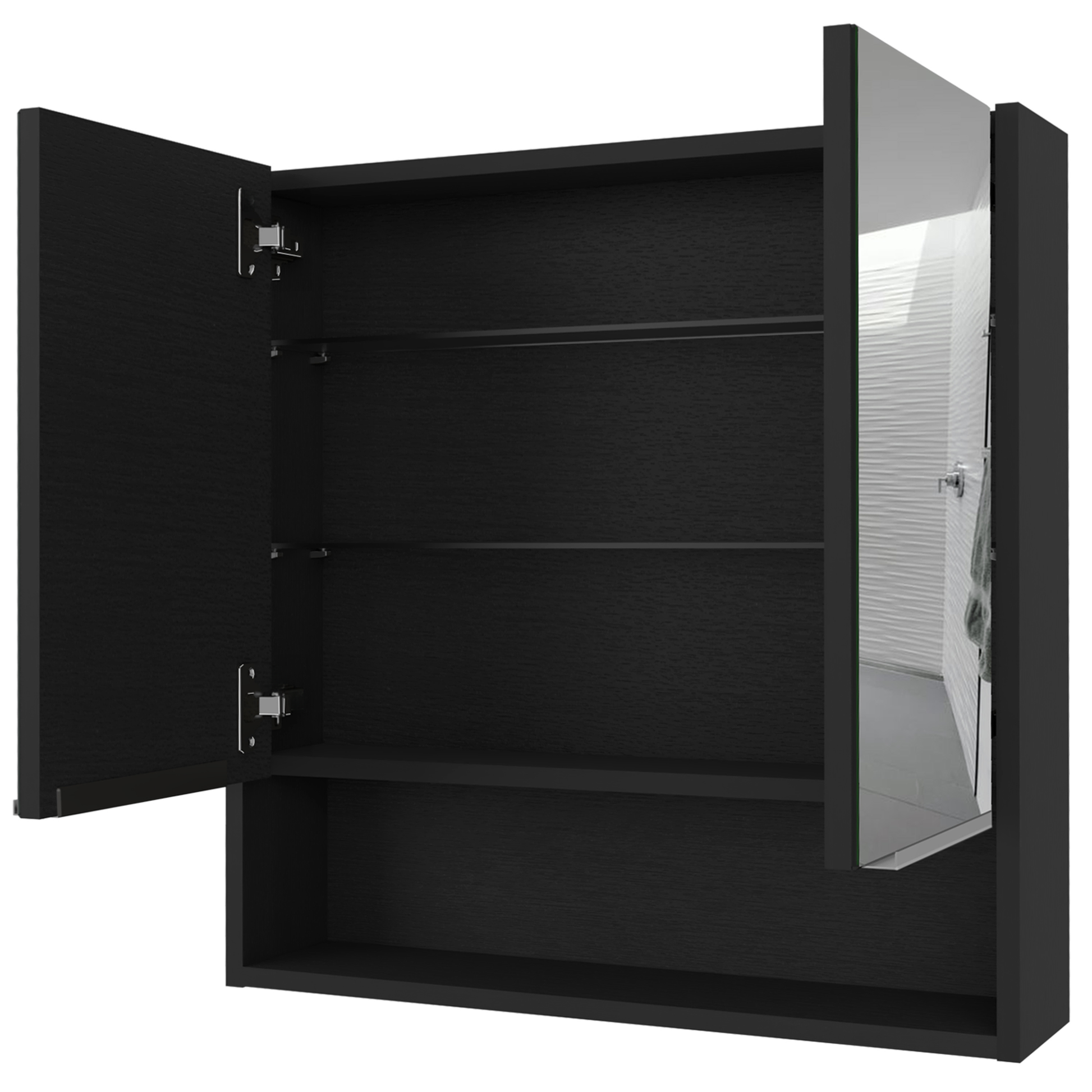 Black modern medicine cabinet with mirrored door and open shelves