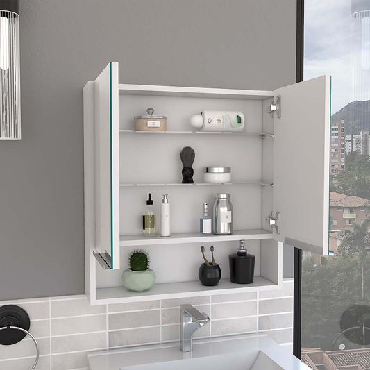Modern white medicine cabinet with open doors showcasing toiletries perfect for bathroom storage