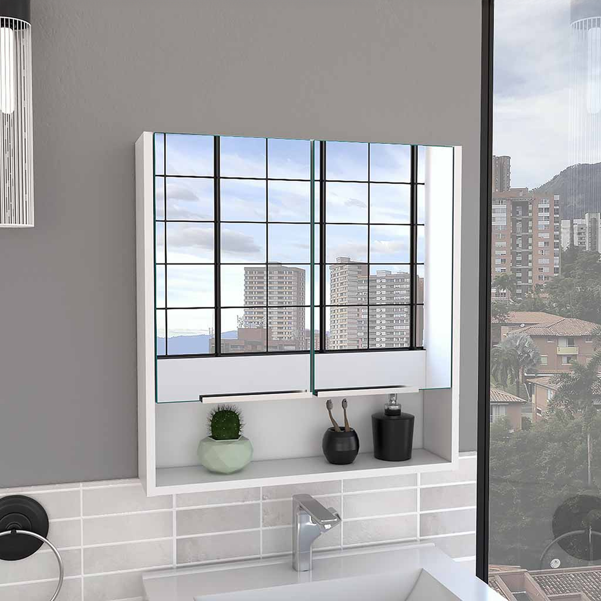 White bathroom medicine cabinet with mirrored doors and open shelf