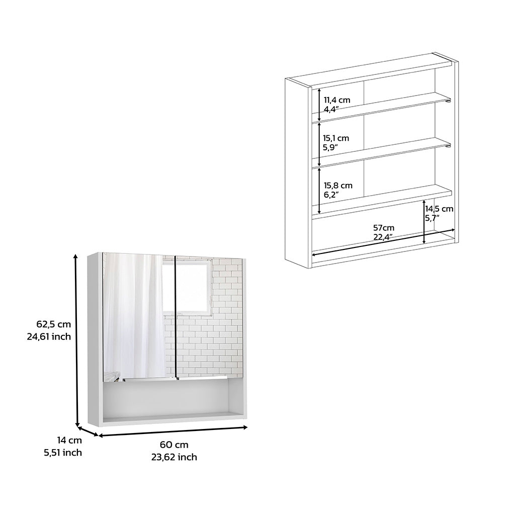 White mirrored bathroom cabinet with open shelf cm width