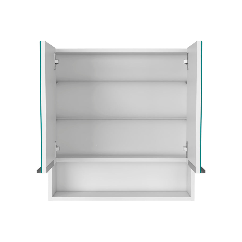 White wallmounted medicine cabinet with three shelves and open doors