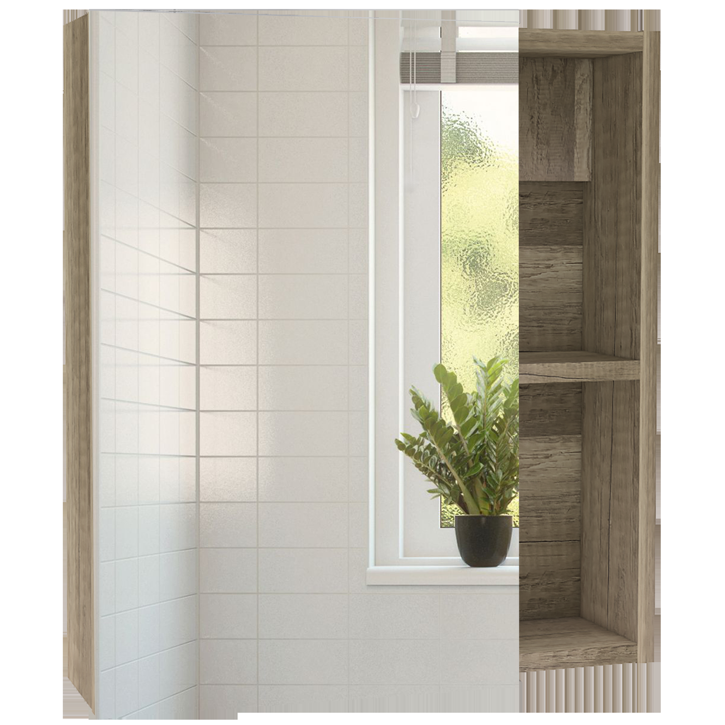 Modern wooden bookshelf with open shelves and a rustic finish
