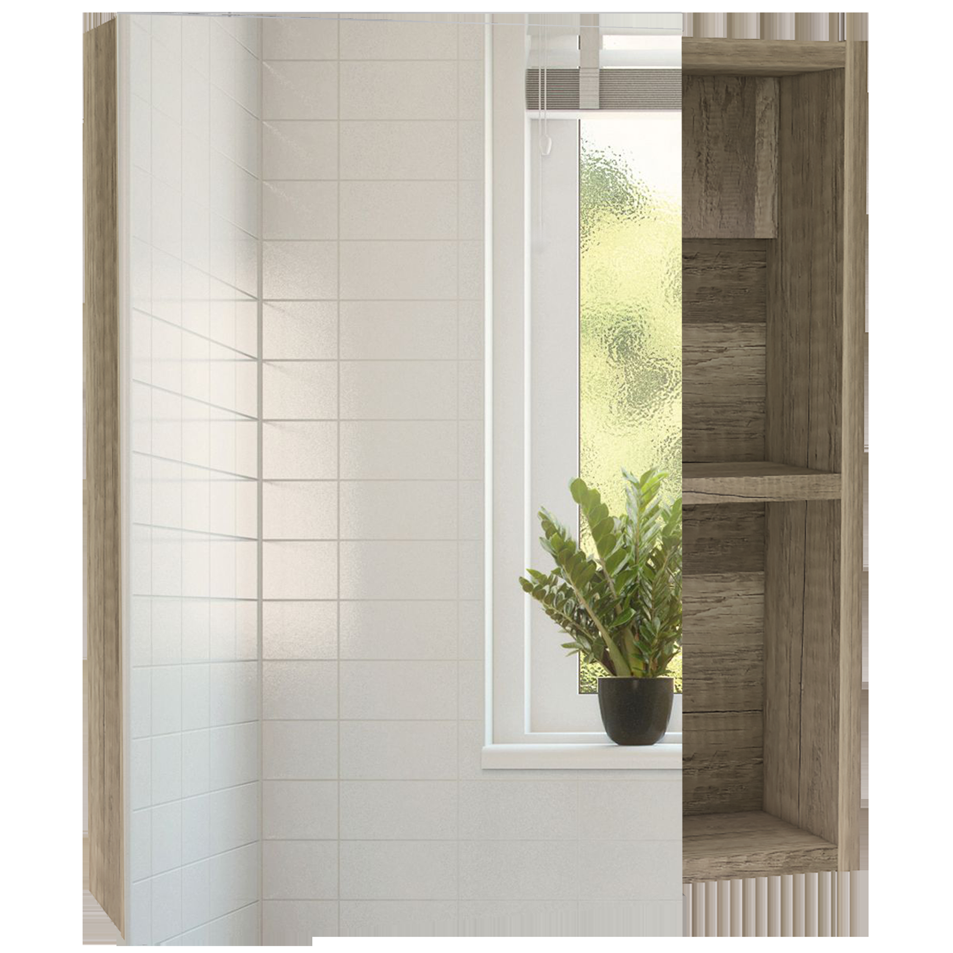 Modern wooden bookshelf with open shelves and a rustic finish
