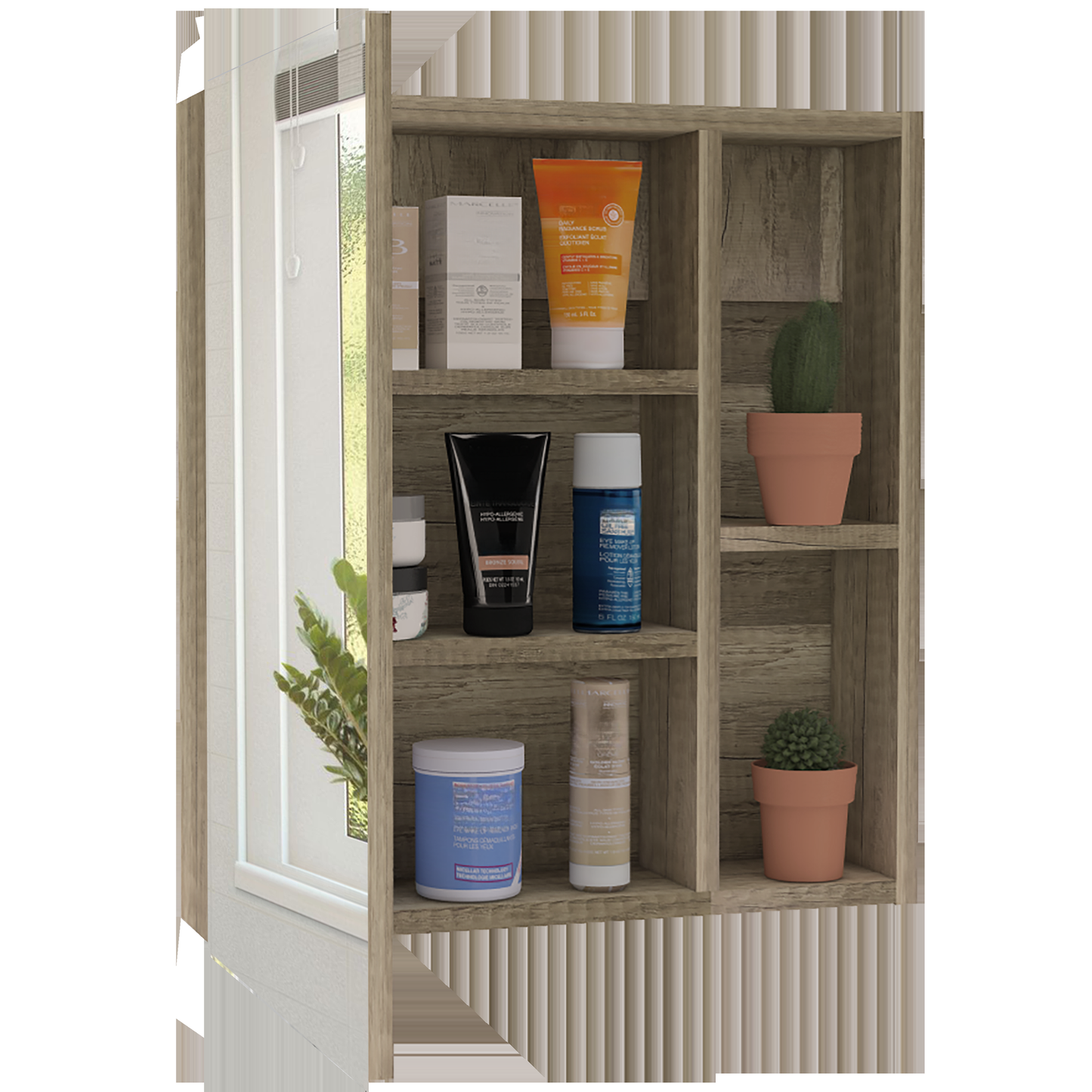 Orange tube of sunscreen with white cap on a wooden shelf