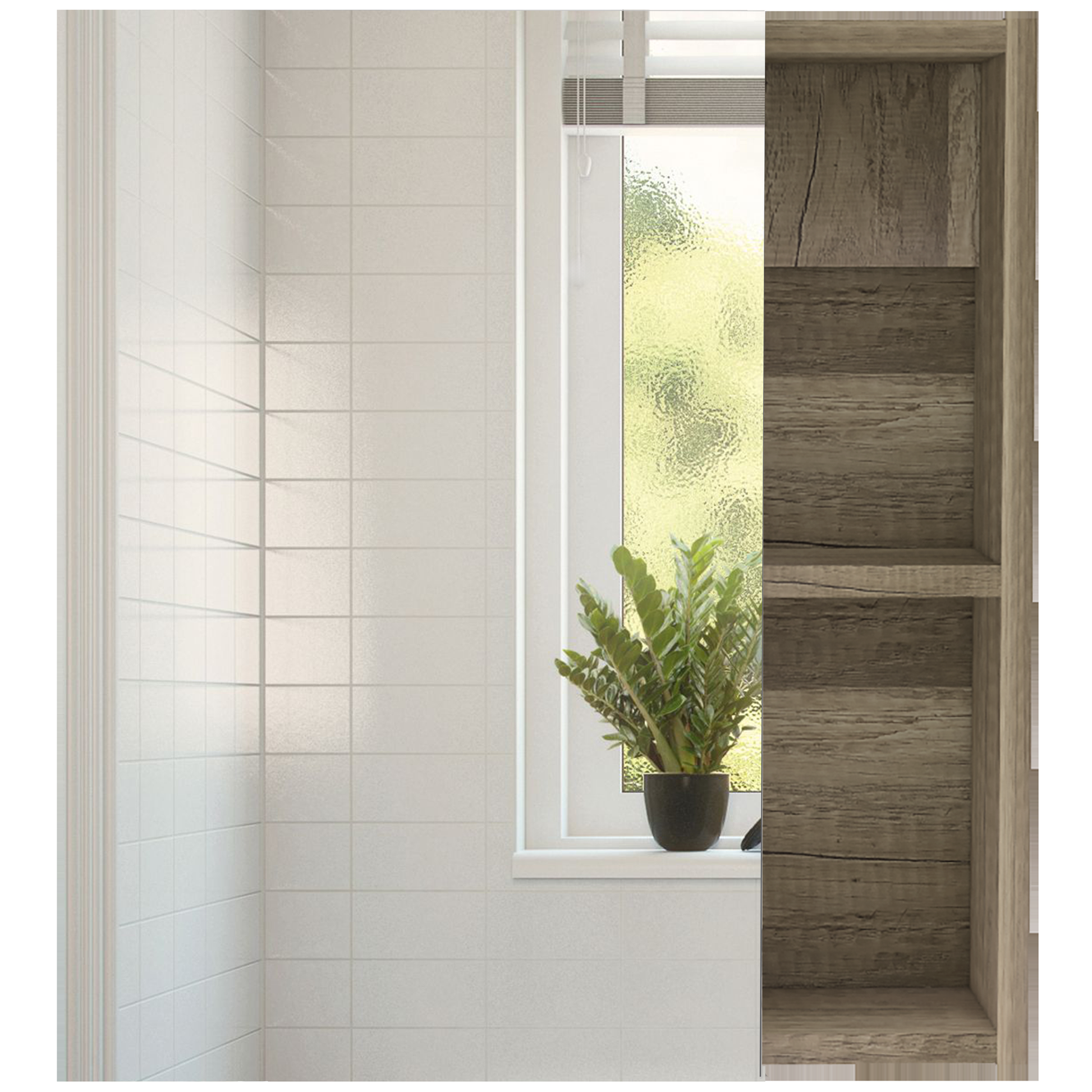 Modern rustic wood shelving unit with textured dark wood grain finish and open compartments