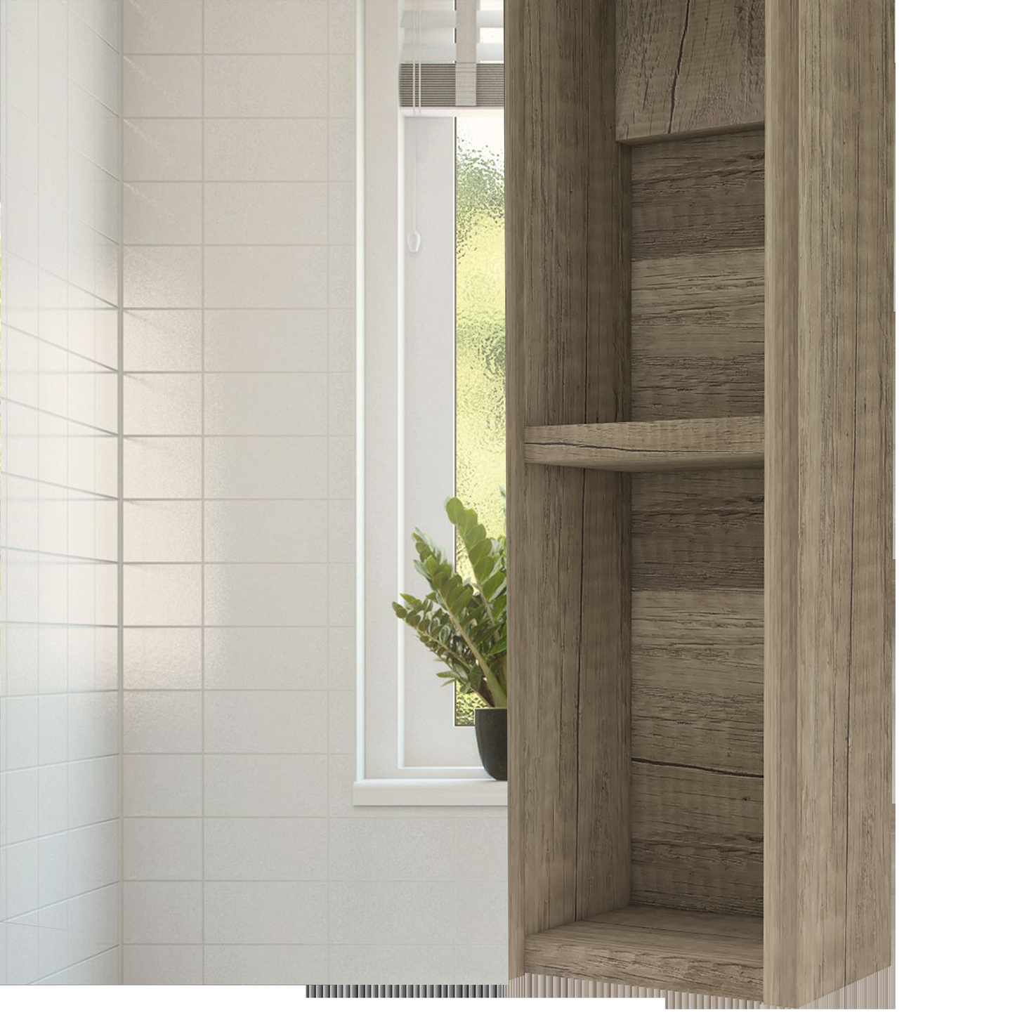 Rustic wood bathroom shelf unit with textured finish and open shelving
