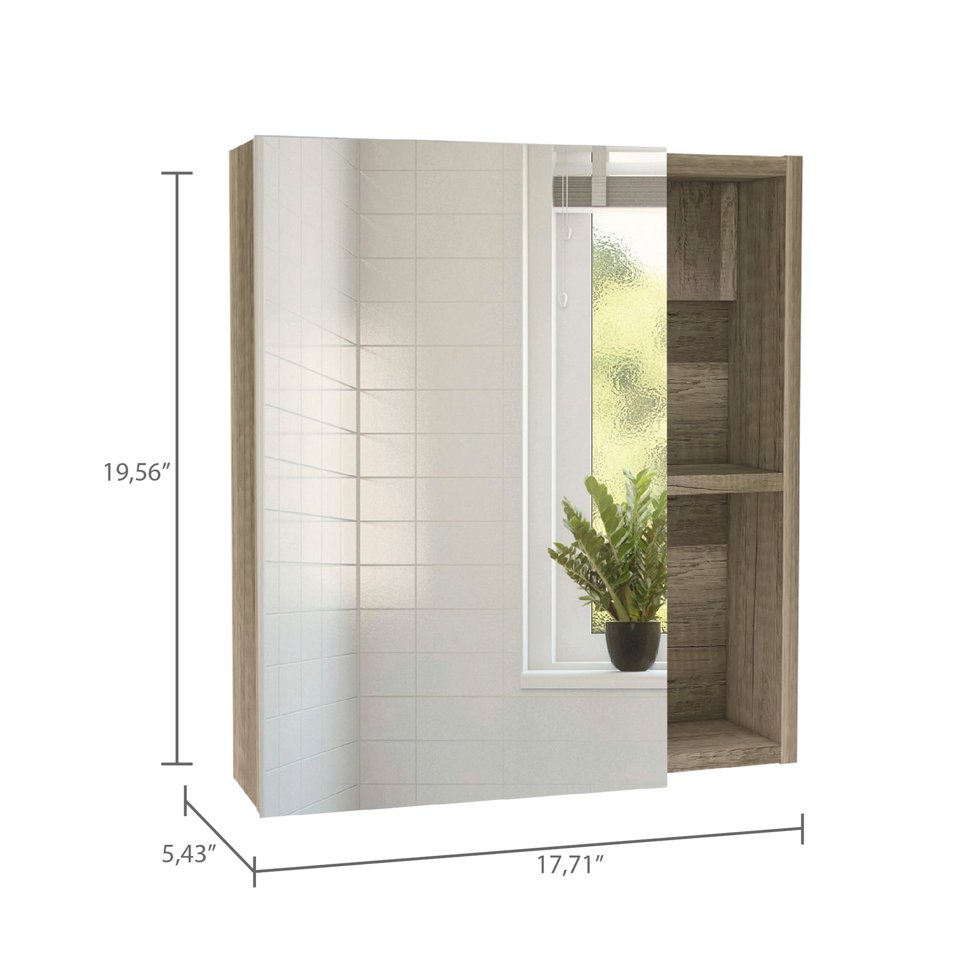 Bathroom cabinet with mirrored door and rustic wood shelving