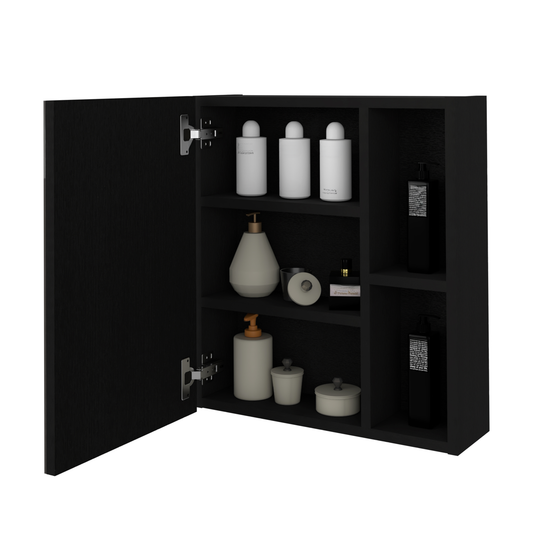 Black modern medicine cabinet with assorted toiletries on shelves