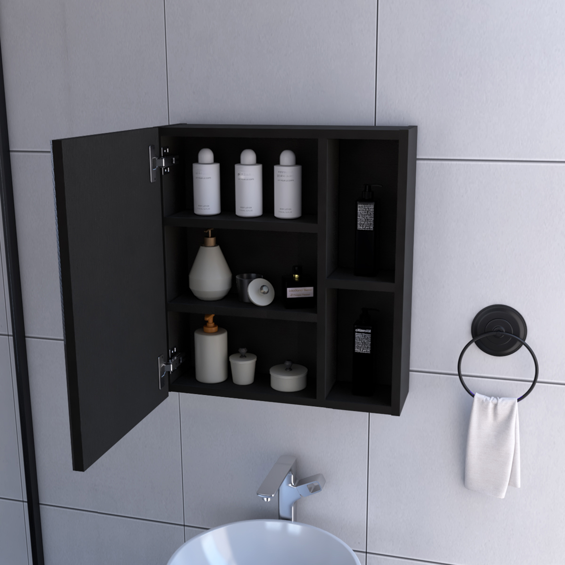 Black medicine cabinet with open door displaying white lotion bottles and toiletries