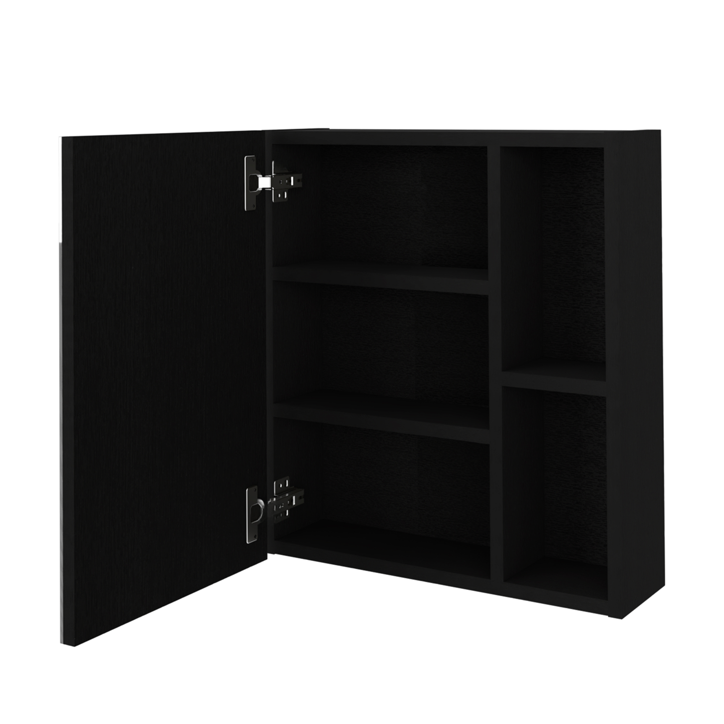 Modern black bathroom cabinet with open door and interior shelves