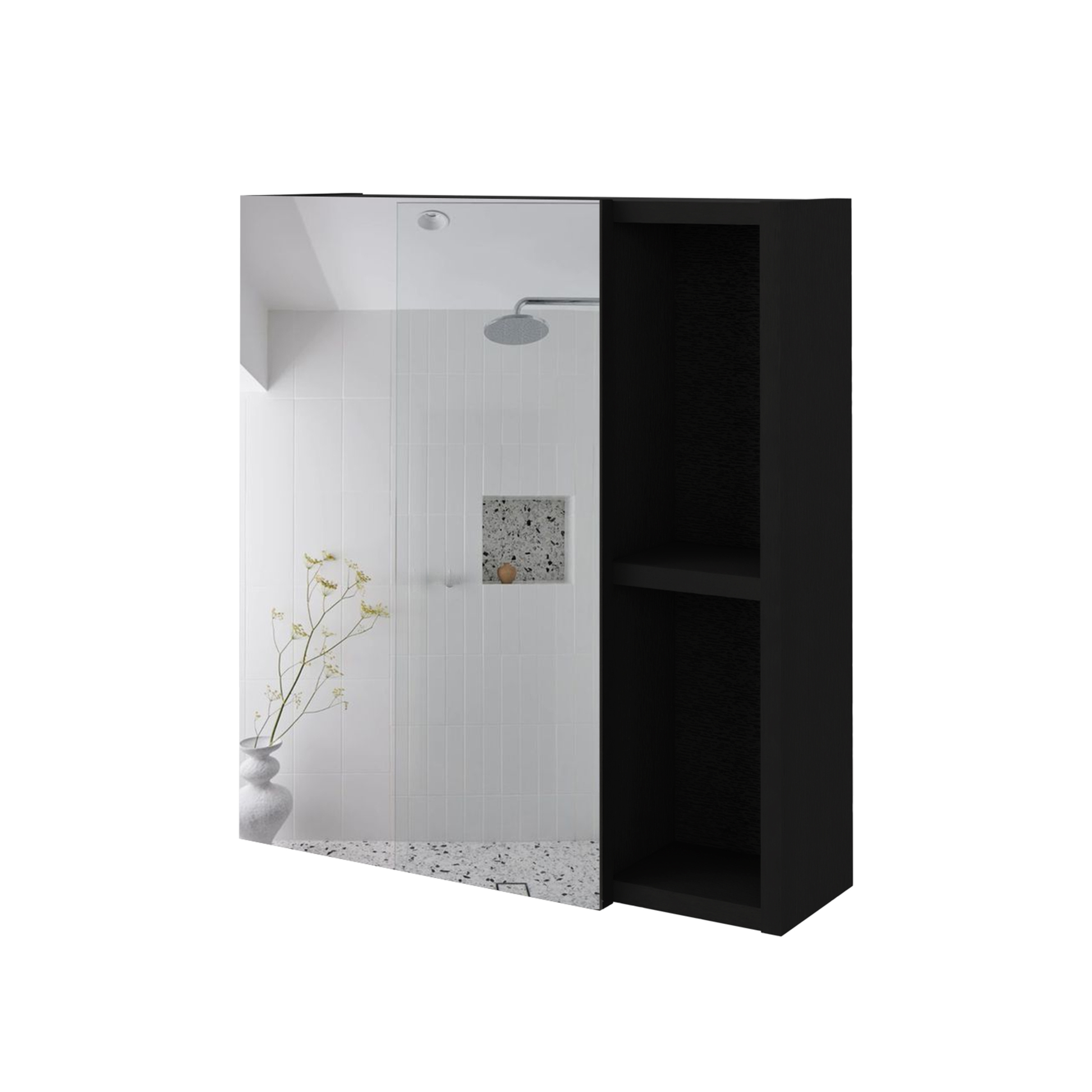 Modern black wallmounted medicine cabinet with mirrored door and open shelving