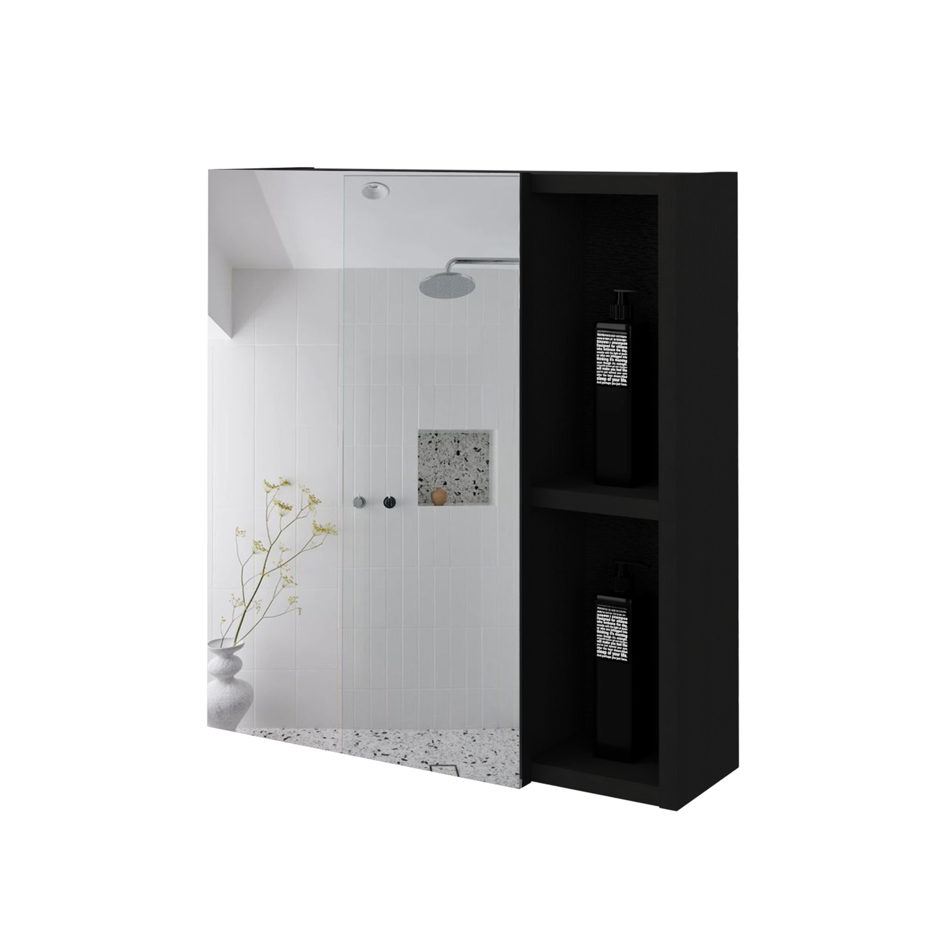Modern black bathroom vanity with integrated mirror and shelving holding two black dispenser bottles