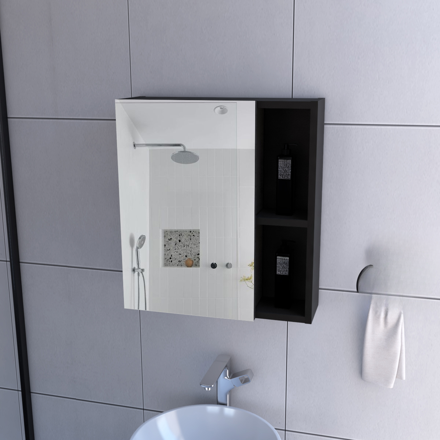 Modern bathroom cabinet with integrated mirror and black shelving unit
