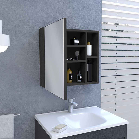 Modern gray and white bathroom medicine cabinet with open shelving