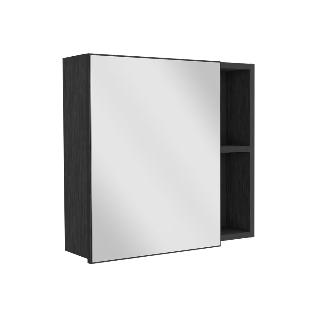 Dark wood medicine cabinet with mirrored door and open shelf