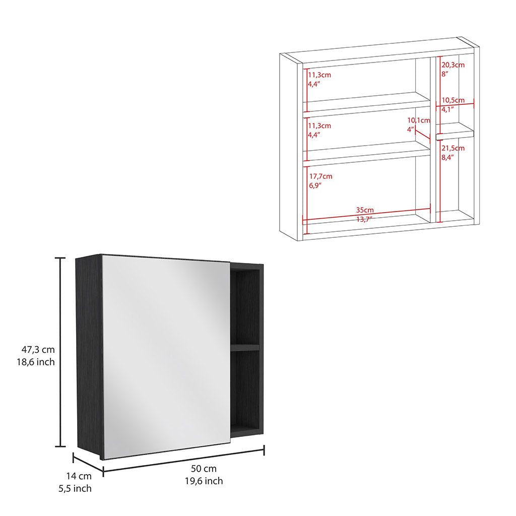 Dark wood medicine cabinet with mirrored door and open shelving