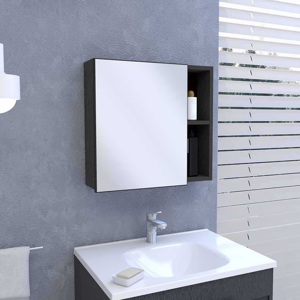 Dark wood medicine cabinet with mirrored door and open shelf bathroom storage