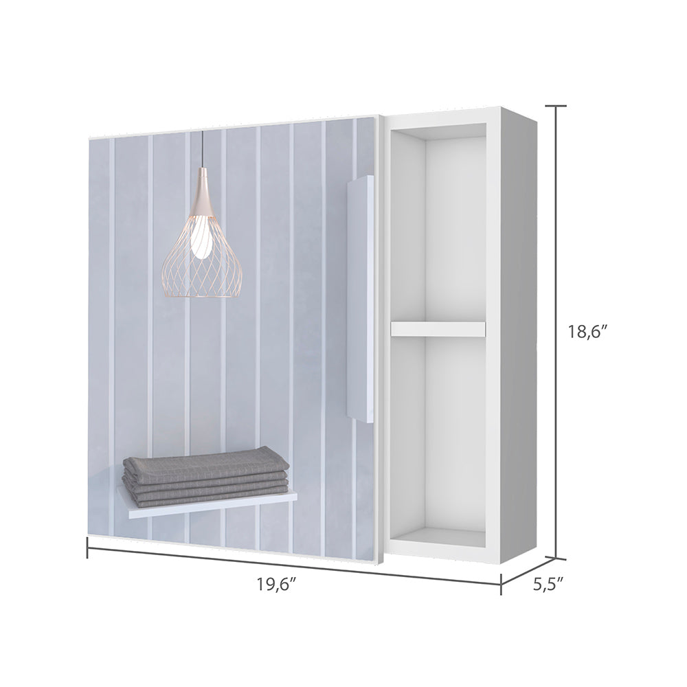 White wall cabinet with modern open shelving and folded towels  wide