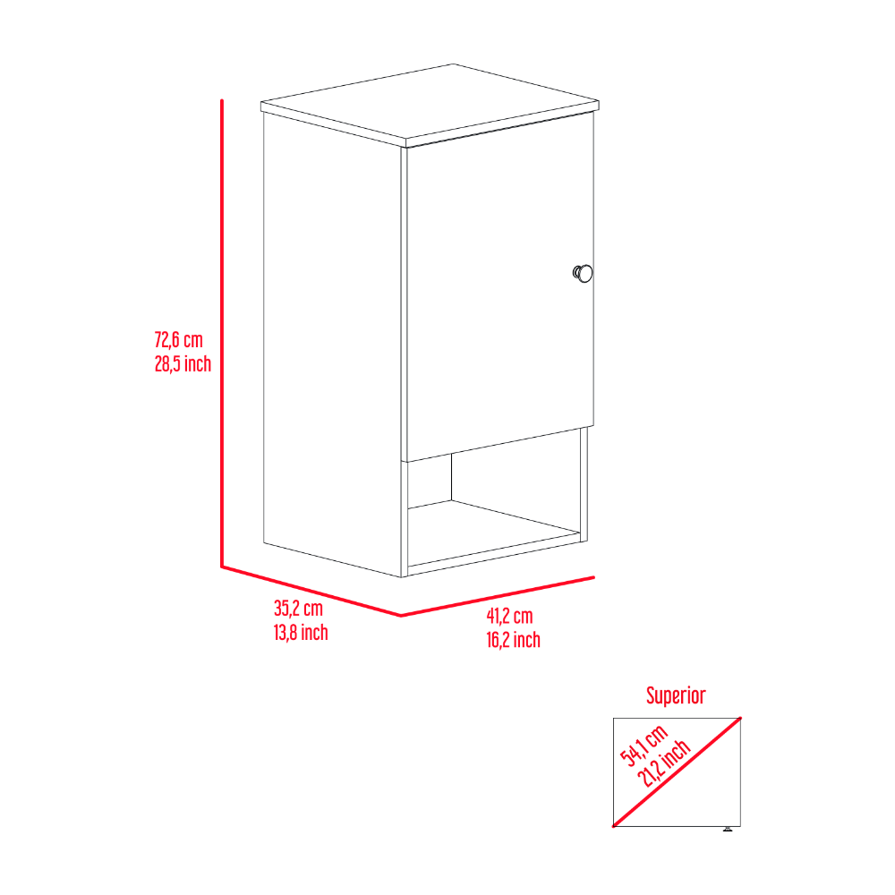 Diagram of a white wallmounted cabinet with one door and an open shelf below