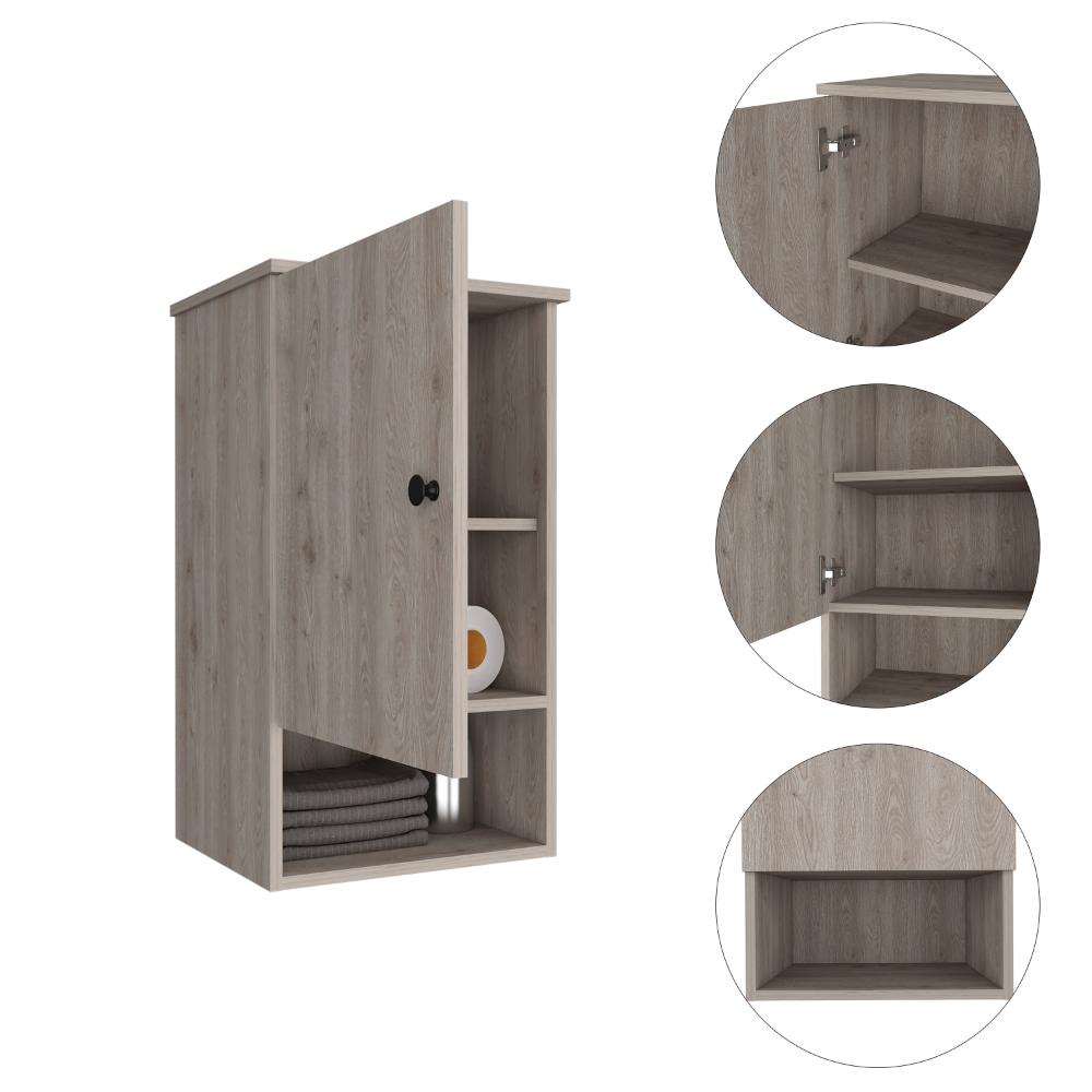 Modern gray wood bathroom cabinet with open shelving and storage for towels
