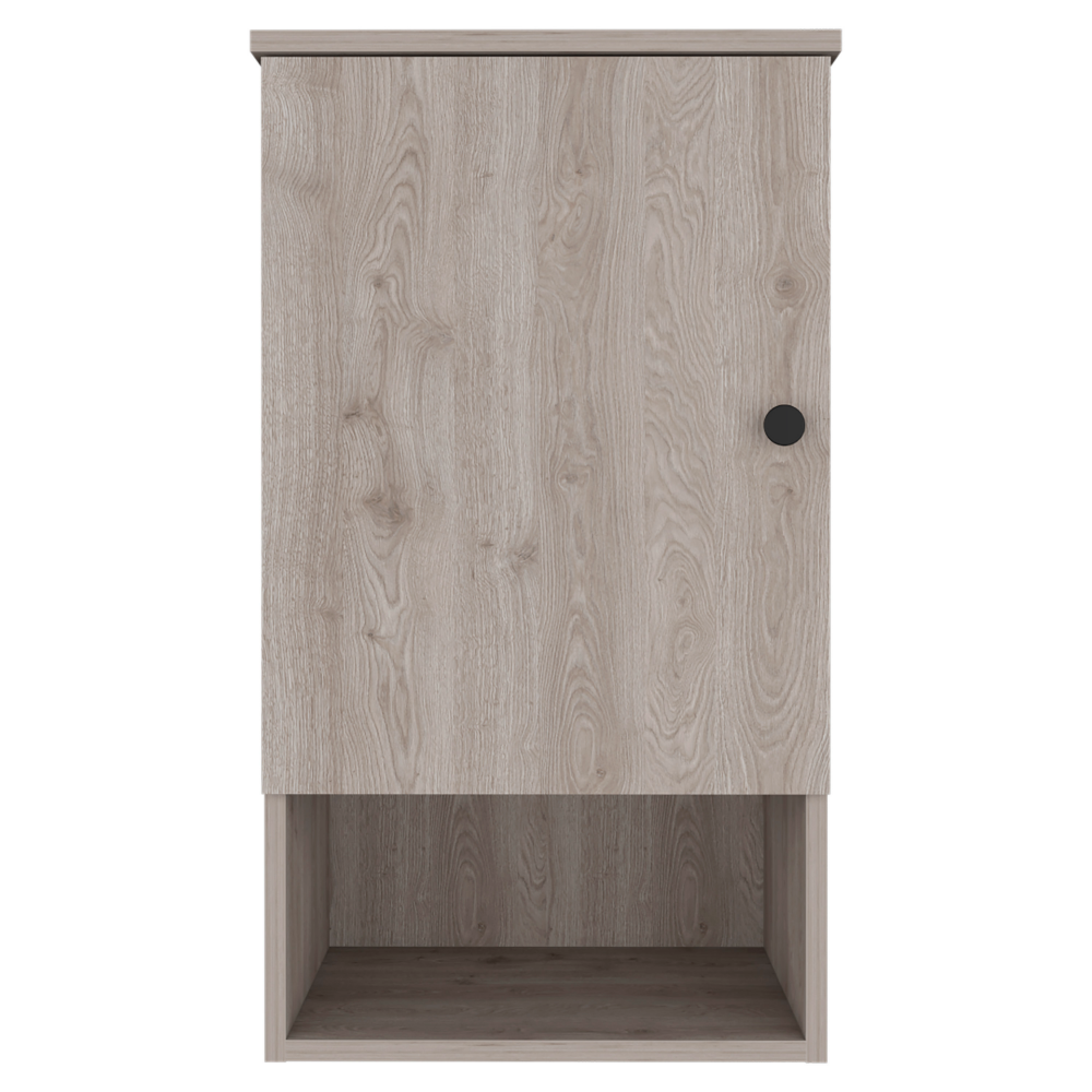 Modern grey wood grain wall cabinet with a single black knob and open shelf below
