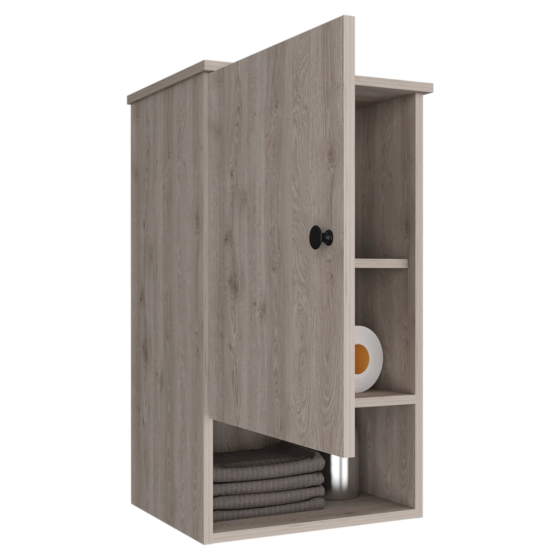 Grey wood grain bathroom cabinet with black knob and open door