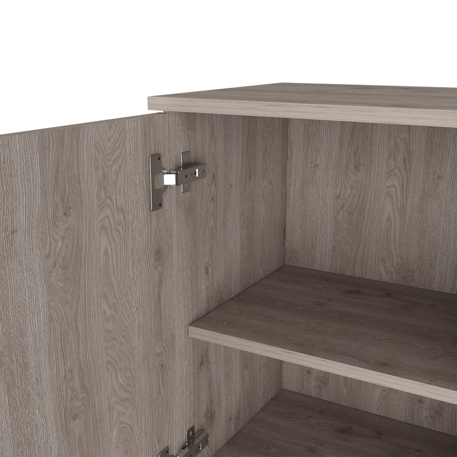 Closeup of modern cabinet interior with visible brushed metal hinge and light oak wood grain shelving